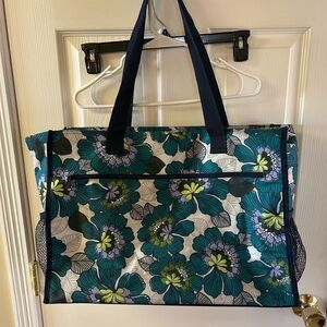 Thirty-One Blue Floral Tote with Navy Accents